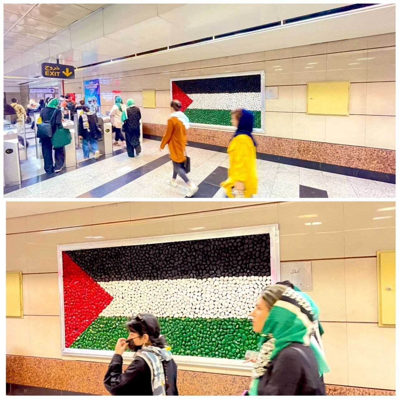 زنان بی حجاب در کنار پرچم حک شده فلسطین در متروی تهران + عکس